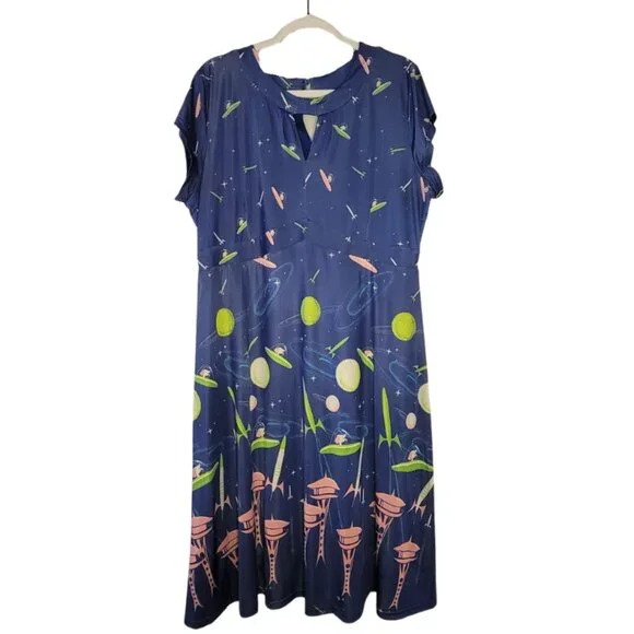 RARE Lindy Bop Juliet "Blue Space Dog" Retro Pinup Mod Dress, Size 16 - Picture 1 of 7